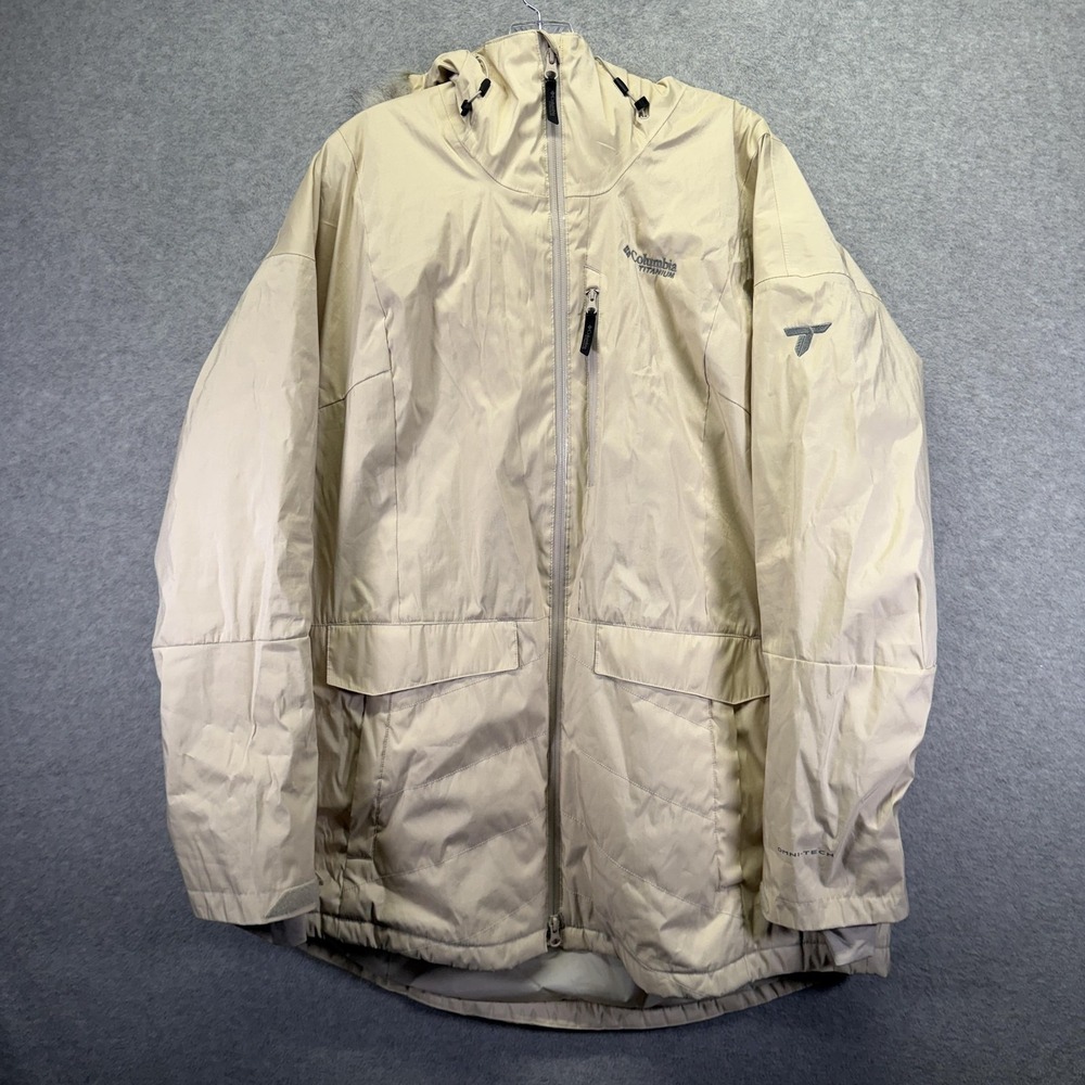 Columbia Parka Coat Womens 1X Beige Omni-Heat Infinity Titanium Hooded Omni-Tech